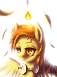 Size: 1280x1706 | Tagged: safe, artist:swaetshrit, spitfire, g4, feather, female, fire, goggles, solo, spitfiery