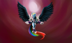 Size: 2000x1200 | Tagged: artist needed, safe, rainbow dash, pegasus, pony, g4, action pose, armor, flying, large wings, spread wings, wings