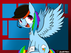 Size: 1600x1200 | Tagged: safe, artist:ibacchstudios, rainbow dash, g4, crossover, dog tags, female, hat, scout (tf2), solo, team fortress 2