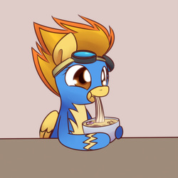 Size: 700x700 | Tagged: safe, artist:solar-slash, spitfire, pegasus, pony, g4, :t, bowl, cute, cutefire, eating, female, food, goggles, gray background, hoof hold, mare, noodles, ramen, ramen face, simple background, smiling, solo, wonderbolts uniform