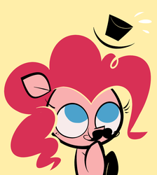 Size: 850x950 | Tagged: safe, artist:footsam, pinkie pie, earth pony, pony, ask pinkie pie and tornado, g4, ask, cute, diapinkes, facial hair, female, hat, moustache, no catchlights, no pupils, simple background, solo, top hat, tumblr, yellow background