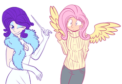 Size: 943x647 | Tagged: safe, artist:fizzy-dog, fluttershy, rarity, human, g4, cleavage, clothes, female, horn wand, humanized, spread wings, sweater, sweatershy, turtleneck, wand, winged humanization