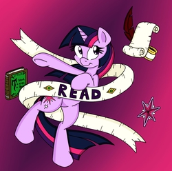 Size: 1308x1300 | Tagged: safe, artist:arthur9078, artist:dfectivedvice, twilight sparkle, pony, unicorn, g4, bipedal, book, cutie mark, female, ink, old banner, quill, scroll, solo, unicorn twilight