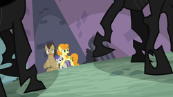 Size: 940x532 | Tagged: safe, screencap, carrot top, doctor whooves, golden harvest, time turner, tornado bolt, changeling, a canterlot wedding, g4, trapped