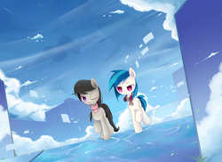 Size: 2600x1895 | Tagged: safe, artist:cyanaeolin, dj pon-3, octavia melody, vinyl scratch, g4, sky