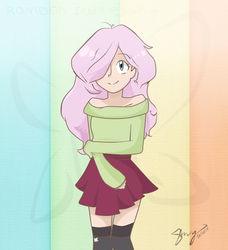 Size: 853x936 | Tagged: safe, artist:yapiflutter, fluttershy, human, g4, clothes, female, humanized, off shoulder, skirt, solo, sweater, sweatershy