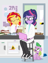 Size: 928x1200 | Tagged: safe, artist:dm29, sci-twi, spike, spike the regular dog, sunset shimmer, twilight sparkle, dog, equestria girls, g4, my little pony equestria girls: rainbow rocks, beaker, book, clipboard, clothes, coffee, computer, converse, glasses, lab coat, laboratory, laptop computer, pet bowl, science, shoes, sunset the science gal, test tube, trio