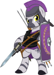 Size: 3380x4675 | Tagged: safe, artist:geekladd, oc, oc only, oc:delvius, zebra, fallout equestria, fallout equestria: new roam, armor, legionary, roman, scutum, shield, simple background, solo, sword, transparent background