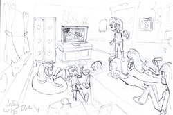 Size: 2727x1806 | Tagged: safe, artist:infinitydash, applejack, fluttershy, pinkie pie, rainbow dash, rarity, sunset shimmer, twilight sparkle, equestria girls, g4, my little pony equestria girls: rainbow rocks, humanized, monochrome, pencil drawing, sketch, traditional art, twilight sparkle (alicorn), wip