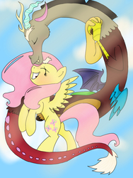 Size: 768x1024 | Tagged: safe, artist:ashley-the-muffin, discord, fluttershy, g4, butt, female, flutterbutt, flying, male, plot, ship:discoshy, shipping, straight