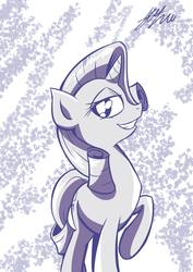 Size: 1447x2047 | Tagged: safe, artist:lovelyneckbeard, rarity, g4, credits, female, grin, looking at you, monochrome, raised hoof, smiling, smirk, solo, style emulation