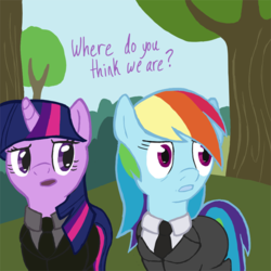 Size: 500x500 | Tagged: artist needed, safe, rainbow dash, twilight sparkle, pony, unicorn, fanfic:bittersweet, g4, clothes, dialogue, female, image macro, mare, meme, necktie, open mouth, reaction image, scrubs, suit, where do you think we are