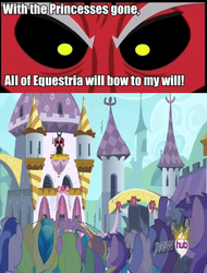 Size: 650x854 | Tagged: safe, lord tirek, g4, bad end, canterlot, crossing the memes, crowd, everything went better than expected, exploitable meme, hub logo, meme, subverted meme, tirek vs everyone meme, tirek wins for once, usurpation, victorious villain, what if, zig-zagged meme