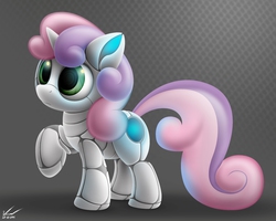 Size: 2500x2000 | Tagged: safe, alternate version, artist:symbianl, sweetie belle, pony, robot, robot pony, unicorn, g4, cute, diasweetes, female, filly, foal, high res, hooves, horn, raised hoof, solo, sweetie bot