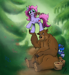 Size: 1686x1815 | Tagged: safe, artist:jorobro, princess luna, oc, oc:wildberry, bear, pony, g4, trio