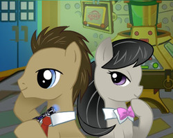 Size: 360x287 | Tagged: safe, artist:rycndel1337, doctor whooves, octavia melody, time turner, earth pony, pony, g4, bowtie, doctavia, doctor who, female, male, mare, necktie, sonic screwdriver, stallion, straight, tardis, tardis console room, tardis control room, the doctor