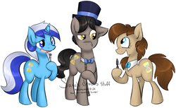 Size: 1388x847 | Tagged: safe, artist:theluckyangel, doctor whooves, eleventh hour, minuette, time turner, earth pony, pony, unicorn, ask the mare doc, g4, bowtie, commission, commissioner:alkonium, doctor who, ponified, professor whooves, rule 63, sonic screwdriver, the doctor, the doctoress, the professor