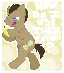 Size: 578x662 | Tagged: safe, artist:burakki-lori, doctor whooves, time turner, g4, banana, dexterous hooves, male, solo