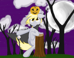 Size: 2444x1937 | Tagged: safe, artist:springveil, derpy hooves, pony, g4, bipedal, cane, cape, clothes, fangs, female, floppy ears, jack-o-lantern, moon, solo