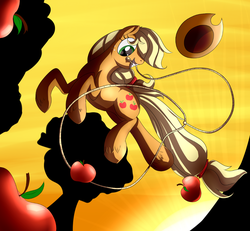 Size: 987x913 | Tagged: safe, artist:mercurycraft7, applejack, earth pony, pony, g4, action pose, apple, female, lasso, mare, mouth hold, solo, sunset, tree