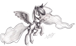 Size: 6149x3718 | Tagged: safe, artist:graboiidz, princess luna, g4, angry, female, grayscale, monochrome, open mouth, rearing, solo, spread wings, traditional art