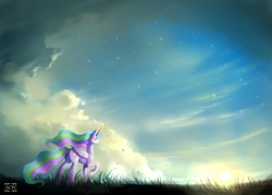 Size: 1400x1000 | Tagged: safe, artist:scheadar, princess celestia, g4, beautiful, dawn, eyes closed, female, magic, raised hoof, scenery, solo, sun work, sunrise, twilight (astronomy)