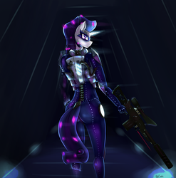 Size: 1700x1723 | Tagged: safe, artist:oneofyouare, radiance, rarity, robot, anthro, g4, gun, looking back, mask, no trigger discipline, power ponies, rifle, skinsuit, spy, suppressor, tight clothing, weapon