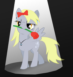 Size: 761x800 | Tagged: safe, artist:proteusiii, derpy hooves, pegasus, pony, g4, bow, earring, female, mare, mouth hold, necklace, rose, solo, spotlight