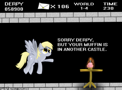 Size: 3440x2552 | Tagged: safe, artist:mikoruthehedgehog, derpy hooves, pegasus, pony, g4, cupcake, female, high res, in another castle, mare, parody, platformer, sad, super mario bros.