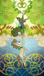 Size: 700x1200 | Tagged: safe, artist:toadstool-prancer, doctor whooves, time turner, oc, oc:tantamount, changeling, pony, ask tantamount time turner, tantamount time turner, g4, ask, duality, reflection, solo, tree, tumblr, water