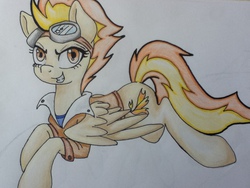 Size: 960x720 | Tagged: safe, artist:deadliestvenom, spitfire, pegasus, pony, g4, clothes, female, goggles, grin, jacket, looking at you, solo, traditional art