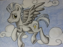 Size: 960x720 | Tagged: safe, artist:deadliestvenom, thunderlane, pegasus, pony, g4, cute, flying, frown, looking at you, male, solo, stallion, traditional art