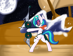 Size: 1650x1275 | Tagged: safe, artist:zanezandell, dj pon-3, vinyl scratch, pony, unicorn, g4, arrow, bass cannon, bipedal, bow (weapon), bow and arrow, butt, female, fight, hooves, horn, mare, moon, night, plot, solo, sunglasses, teeth, weapon, wubonry