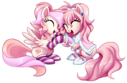 Size: 2674x1750 | Tagged: safe, artist:centchi, oc, oc only, oc:cuddle bug, oc:pompom merengue, earth pony, pegasus, pony, clothes, eyes closed, socks, spread wings, striped socks, wings