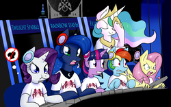 Size: 2000x1250 | Tagged: safe, artist:zanezandell, fluttershy, princess celestia, princess luna, rainbow dash, rarity, twilight sparkle, alicorn, pegasus, unicorn, semi-anthro, g4, esports, facehoof, flutterrage, league of legends, scrunchy face, taipei 101