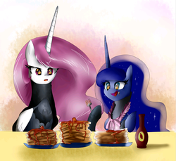 Size: 901x826 | Tagged: dead source, safe, artist:supermare, princess celestia, princess luna, alicorn, pony, g4, batman, dc comics, nightwing, pancakes