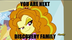 Size: 1920x1080 | Tagged: safe, edit, edited screencap, screencap, adagio dazzle, equestria girls, g4, my little pony equestria girls: rainbow rocks, caption, discovery family, discovery family logo, female, grin, image macro, meme, solo, taco, you're next