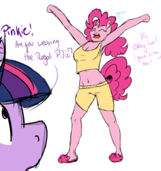 Size: 5000x5300 | Tagged: safe, artist:lisa400, pinkie pie, princess celestia, twilight sparkle, anthro, g4, absurd resolution, armpits, belly button, cleavage, clothes, dialogue, female, lesbian, midriff, ship:pinkielestia, shipping, sketch, stretching, tank top, yawn