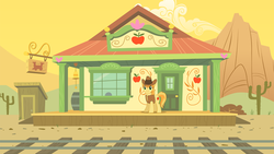 Size: 1920x1080 | Tagged: safe, artist:floppychiptunes, braeburn, g4, appleloosa, train station, wallpaper