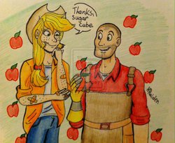 Size: 987x809 | Tagged: safe, applejack, human, g4, apple, crossover, engineer, engineer (tf2), humanized, team fortress 2, traditional art, watermark