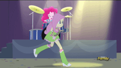 Size: 480x270 | Tagged: safe, screencap, fluttershy, pinkie pie, equestria girls, g4, my little pony equestria girls: rainbow rocks, animated, boots, clothes, discovery family, discovery family logo, drum kit, drums, drumsticks, female, high heel boots, light, musical instrument, skirt, tambourine