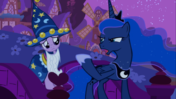 Size: 1366x768 | Tagged: safe, screencap, princess luna, twilight sparkle, g4, luna eclipsed, clothes, cosplay, costume, nightmare night costume, star swirl the bearded costume, twilight the bearded