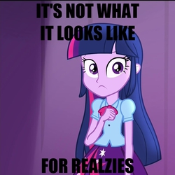 Size: 1080x1080 | Tagged: safe, edit, edited screencap, screencap, twilight sparkle, equestria girls, g4, my little pony equestria girls: rainbow rocks, caption, female, for realzies, image macro, meme, not what it looks like, solo