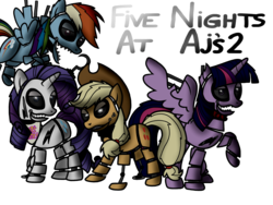 Size: 2048x1536 | Tagged: safe, applejack, rainbow dash, rarity, twilight sparkle, alicorn, pony, robot, robot pony, five nights at aj's, g4, animatronic, creepy, female, five nights at aj's 2, five nights at freddy's, five nights at freddy's 2, looking at you, mare, twilight sparkle (alicorn)