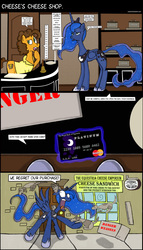 Size: 1912x3332 | Tagged: safe, artist:ranviet, cheese sandwich, princess luna, alicorn, earth pony, pony, weasel, g4, albuquerque, cheese shop, comic, credit card, monty python, weird al yankovic