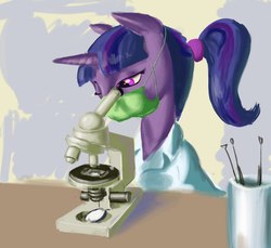 Size: 654x600 | Tagged: safe, artist:adeptus-monitus, twilight sparkle, g4, alternate hairstyle, clothes, lab coat, mask, microscope, ponytail, science, surgical mask