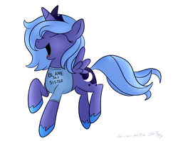 Size: 3000x2390 | Tagged: safe, artist:wonder-waffle, princess luna, alicorn, pony, g4, blame my sister, clothes, female, filly, high res, magic shirt, open mouth, open smile, s1 luna, smiling, solo, t-shirt, woona