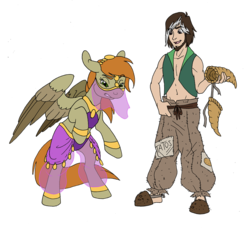 Size: 929x859 | Tagged: safe, artist:wazaga, oc, oc only, oc:bracer, oc:mcfinnigan the mage, human, pegasus, pony, emw:mmmm, angry, belly dancer, disguise, frown