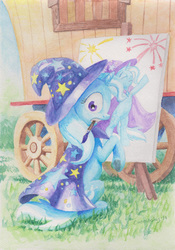 Size: 718x1024 | Tagged: safe, artist:cannibalus, trixie, pony, unicorn, g4, female, looking back, mare, mouth hold, paintbrush, sitting, solo, traditional art, watercolor painting