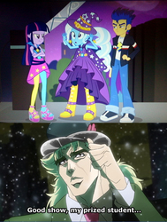 Size: 567x750 | Tagged: safe, screencap, flash sentry, trixie, twilight sparkle, equestria girls, g4, my little pony equestria girls: rainbow rocks, crossover, inconvenient trixie, jojo's bizarre adventure, meme, phantom blood, robert eo speedwagon, screencap comic, that's my x, twilight sparkle (alicorn)